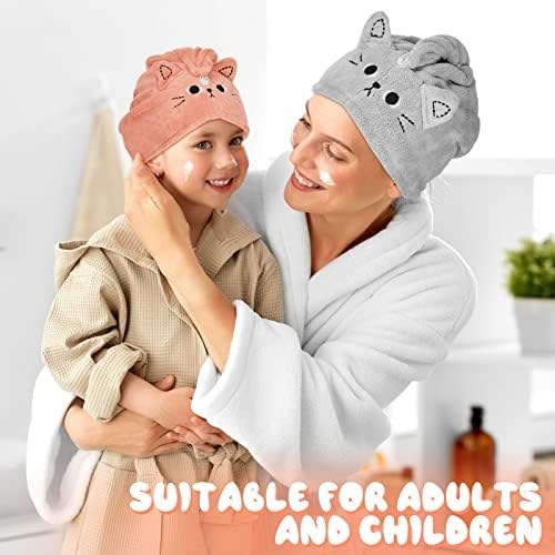 2 Pieces Microfibre Hair Towel Absorbent Hair Towel Wrap Cute Cartoon Rapid Drying Hair Towel Anti Frizz Hair Turban Head Towel for Women or Girls Kids, Pink, Gray (Cat)
