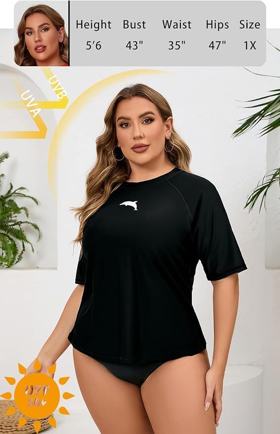 Halcurt Women's Plus Size Rash Guard Short Sleeve Swim Shirts Loose Fit UPF50+ Sun Protection Swimsuit Top Only - Image 5