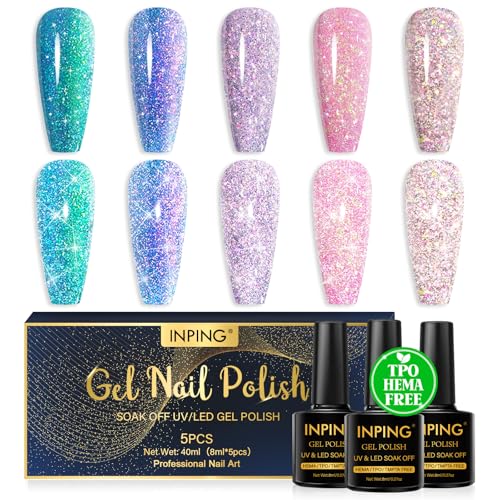 INPING Gel Nail Polish HEMA-FREE TPO-FREE 5 Colors Holographic Blue Purple Pink Sparkle Glitter Chameleon Crushed Diamond Gel Soak-Off UV/LED Nail Polish Set for Nail Art Salon DIY 8 ML