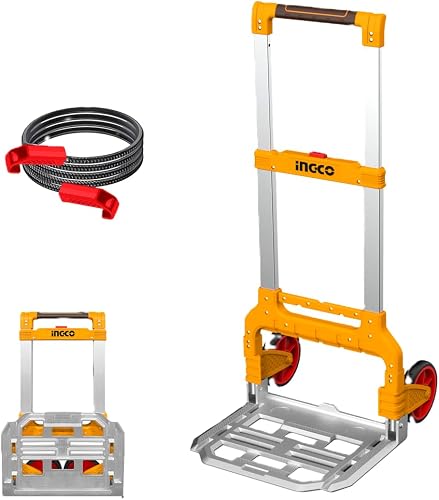 INGCO Foldable Hand Trolley 130kg Load Capacity, Aluminium Folding Hand Truck with 175mm Wheels, Heavy-Duty Portable Cart with Elastic Bungee Cord for Moving Boxes, Tools, Luggage & Cargo