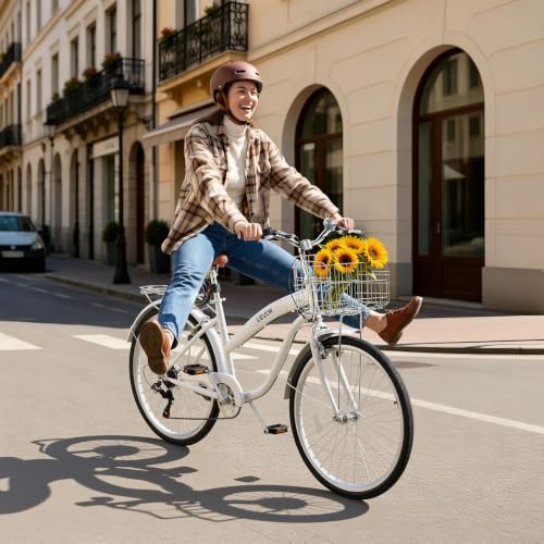 VEVOR Women Bike, 26 in Beach Cruiser Bike, 7-Speed Adult City Bicycle with Carbon Steel Frame, 330 lbs Capacity, Basket, Rear Rack & Dual V-Brakes, White by VEVOR - Image 2