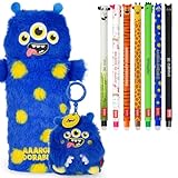 LEGAMI Set of 7 Erasable Gel Pens + Super Soft Pencil Case + Plush Key Chain Gift Set | Back to School Stationery for Kids, Teens, & Students | Cute Animal Theme Designs (Monster)