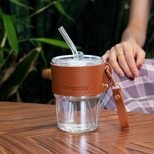 Image of BLUEPOLAR 13 oz Tumbler Water Glass, Water Bottle with Straw and Dustproof Lid, Coffee Ice Cup Double Wall Insulated Glass Cup (White with Sleeve and Strap)