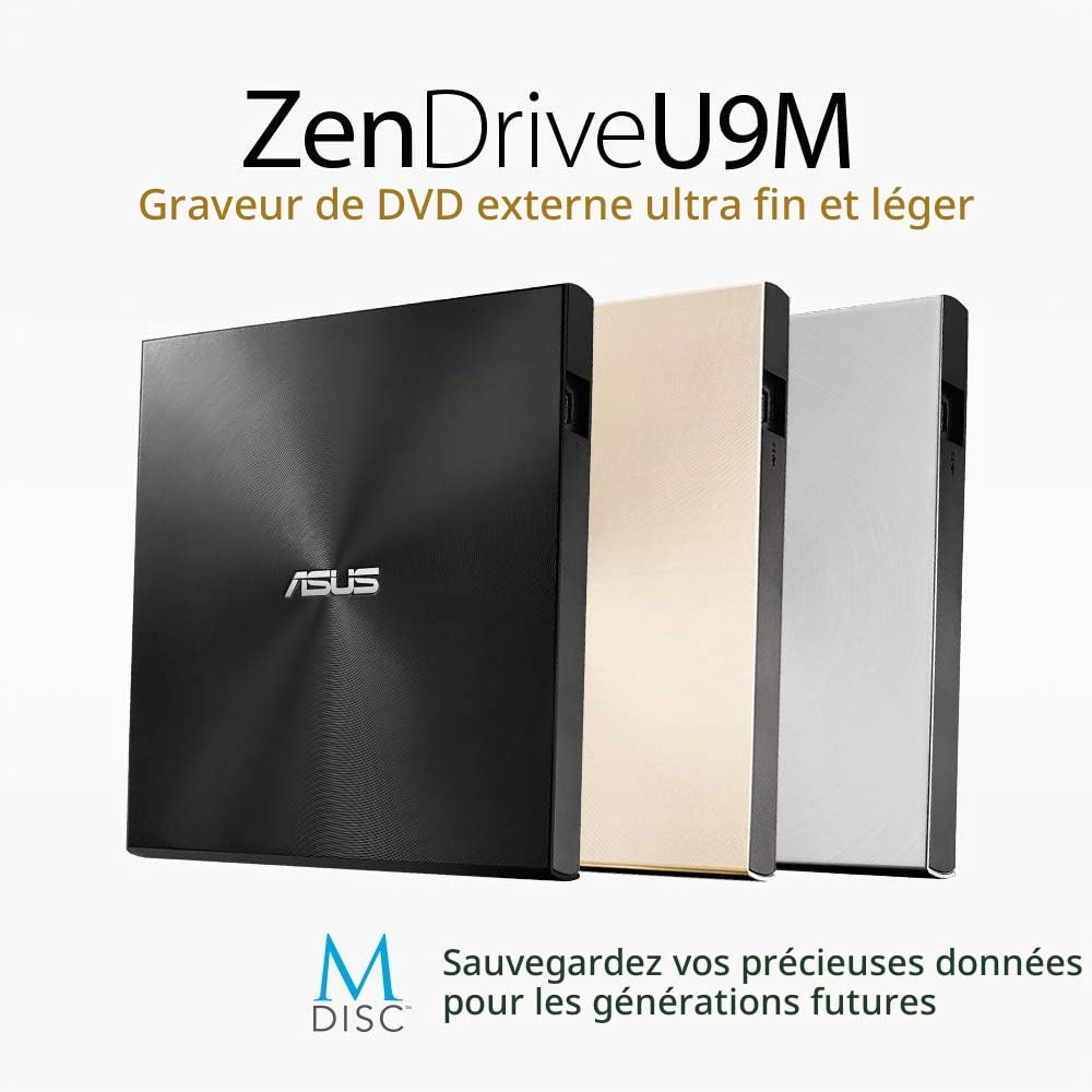 ASUS ZenDrive U9M Noir (SDRW-08U9M-U) – Lecteur Graveur CD / DVD x8 ultra-compact, M-Disc supporté, compatible avec USB 3.0 Type-C & Type-A pour Windows & Mac OS