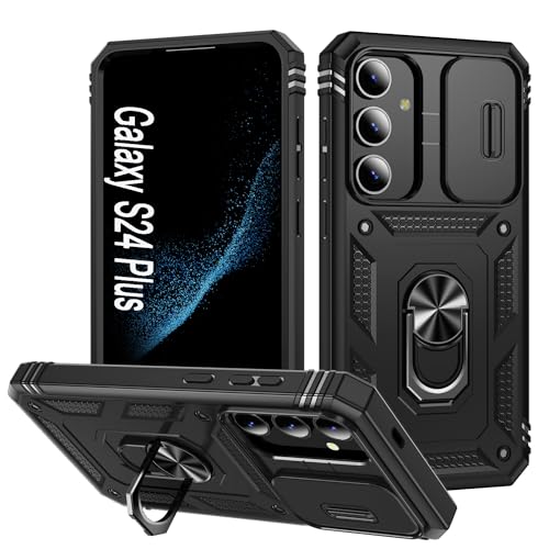 Coque Galaxy S24 Plus avec cache caméra coulissant et béquille antichoc noir