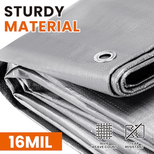 SpacEver 10x20 FT Tarp Waterproof, 16 Mil Tarps Heavy Duty Waterproof Multipurpose Protective Cover UV Resistant Rip & Tear Resistant with Grommets Reversible for Home Boats Cars Camping