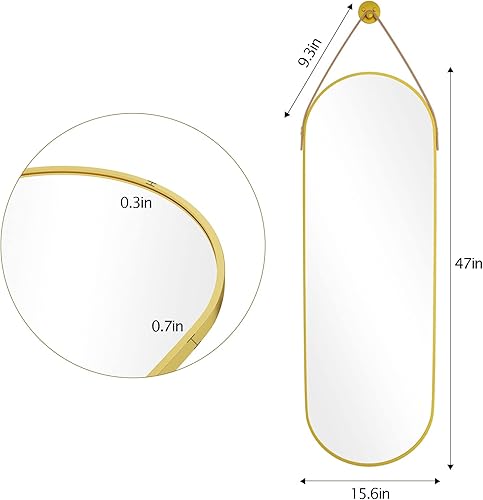 Miniatura 5 de HARRITPURE Espejo ovalado de longitud completa 16 x 48 pulgadas con correa de cuero marco de aluminio espejos colgantes para montar en la pared para