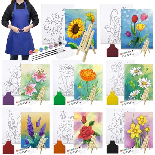 VOCHIC 8 Pack Paint and Sip Kit for Adults,Flower Theme Pre Drawn Canvas Painting Set for Lady Night Party Supplies Stretched Outline Canvas with Aprons,Easels, Paints,Brushes, Pallet,Image(8x10)