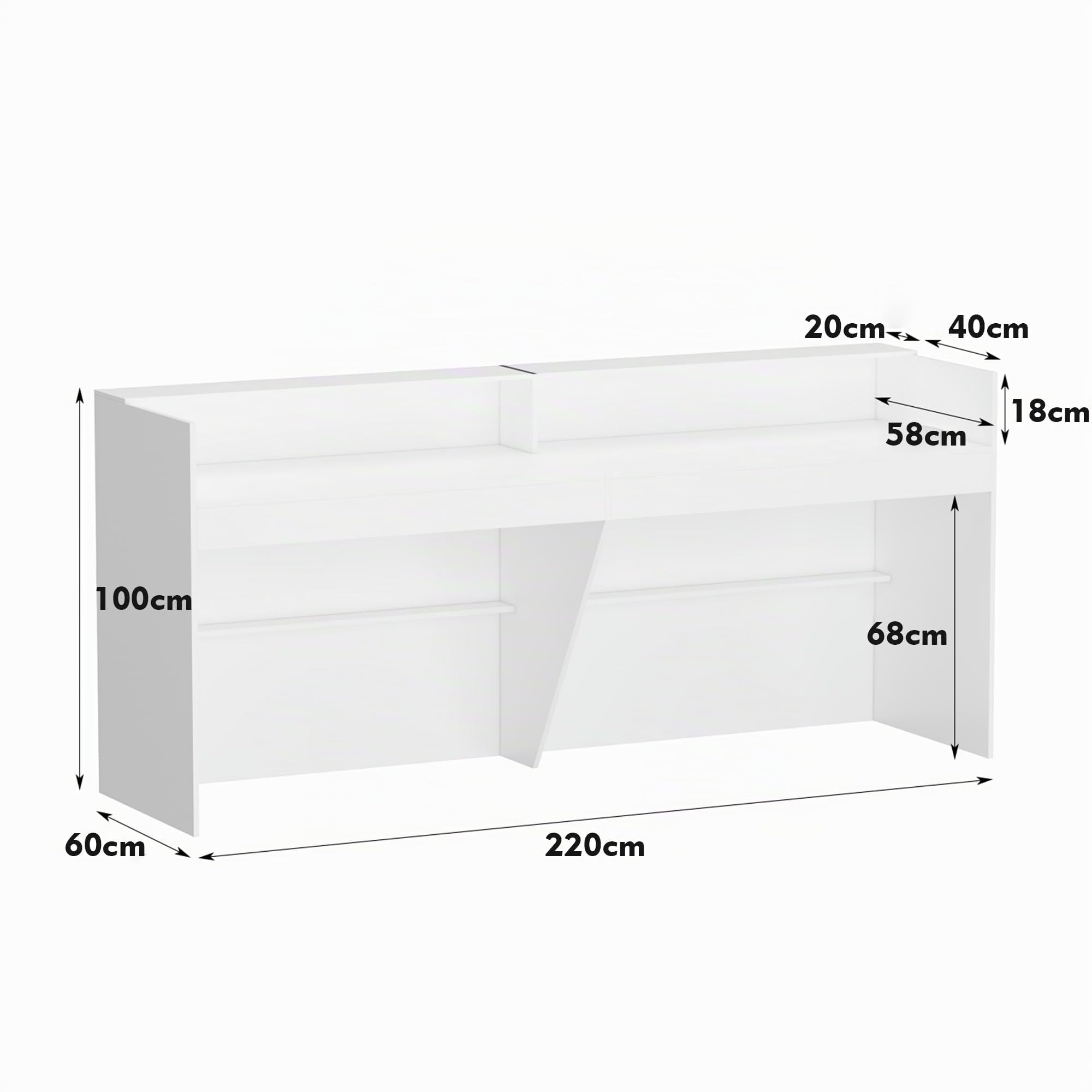 Banco di Ricevimento Con Grande Superficie di Lavoro, Bancone Della Reception, Tavolo da Ufficio Con Protezione per la Privacy, Bianco, 220 x 60 x 100 cm