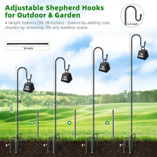 Image of COCONUT 78 inch Shepherds Hooks for Outdoor, Bird Feeder Pole with 5 Prong Base, Adjustable Height Shepherds Hook for Hummingbird Feeder, Bird Feeder, Lightweight Plant, Wind Chimes, Lanterns (2 Pack)