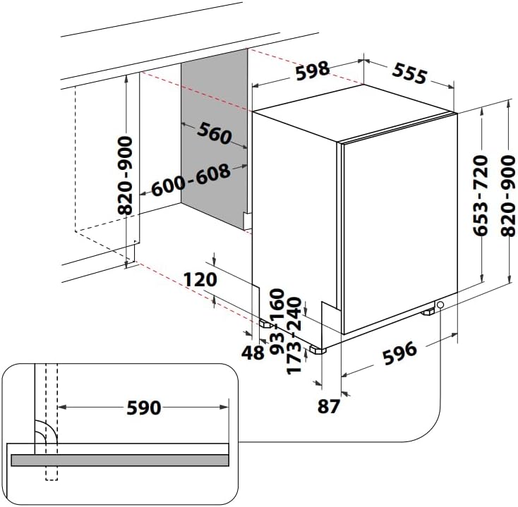 Installation dimensions diagram for Hotpoint H2I HD526 AS dishwasher