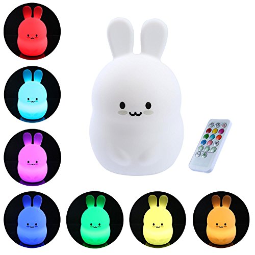 Bunny Night Light, Auoker LED Lámpara de noche de conejo para niños Soft Silicone Tap & Remote Control, USB recargable de 7 colores con luz intermitente para niños / Nursery / Infant (White)