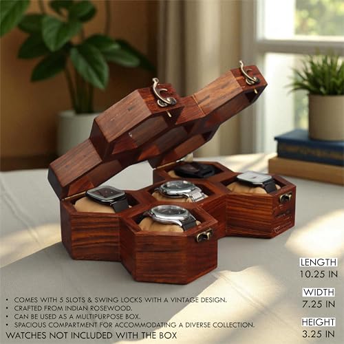 Image of Vintage Wooden Watch Box for Men, Timepiece Display Case, Honeycomb Watch Storage & Organizer, Jewlery Box for Women, Anniversary Gift For Husband (5 Compartments (Butterfly Shape))