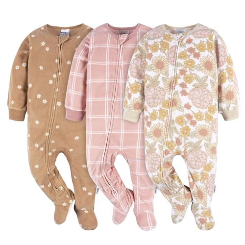 Gerber Baby Girls' Toddler Loose Fit Fleece Footed Pajamas 3-Pack, Pink Floral, 18 Months