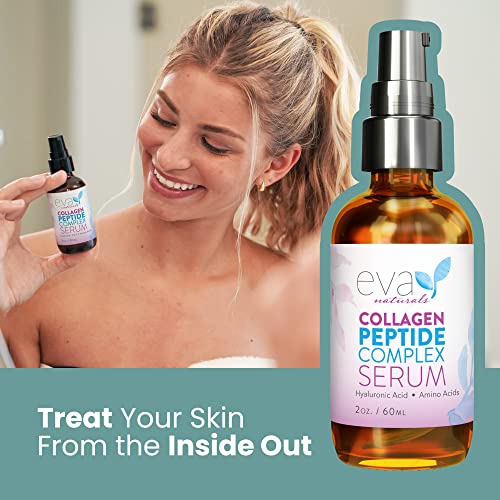 Collagen Peptide Serum - Anti Aging Collagen Serum for Face, Skin Brightening, Reduces Fine Lines & Wrinkles, Heals, and Repairs Skin, Microneedling Serum with Aloe Vera & Hyaluronic Acid - Peptide Complex Face Serum by Eva Naturals (2 oz)