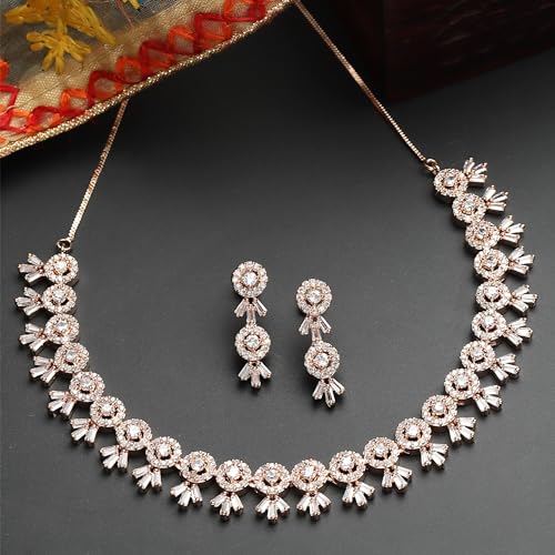 Image of ZENEME Women American Diamond Studded Necklace With Earring Detailing Jewellery Set For Women and Girl