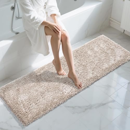 Image of Yimobra Long Bathroom Rugs Runner 70x24 Inch, Extra Thick Soft Absorbent Chenille Bath Mat, Non Slip Machine Washable, Quick Dry Bath Rugs for Bathroom Floor, Tub and Shower, Khaki