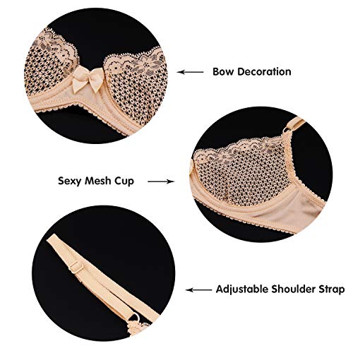 Wingslove Women's Sexy Lace Bra See Through Mesh Unlined Balconette Demi Cup Underwire Non-Padded Lingerie Nude #TOP3