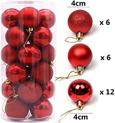 Christmas Baubles, 24 Pcs Christmas Tree Decoration Ball Ornaments Shatterproof Balls for Xmas Hanging Seasonal Decorations Festival Holiday Decor - Shiny, Matte & Glitter Decorated Baubles(4cm, Red)