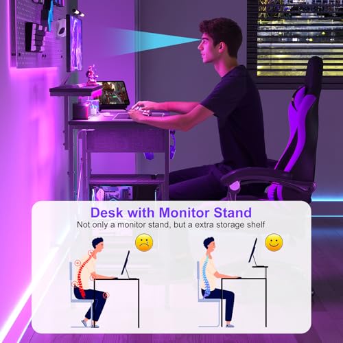 X-cosrack 33.5\" Small Gaming Desk with LED Lights & Power Outlets, Compact Computer Desk with Monitor Stand & CPU Stand, Gamer Table with Storage Drawer, Side Hooks for Home Office, Bedroom, Black - Thumbnail 4