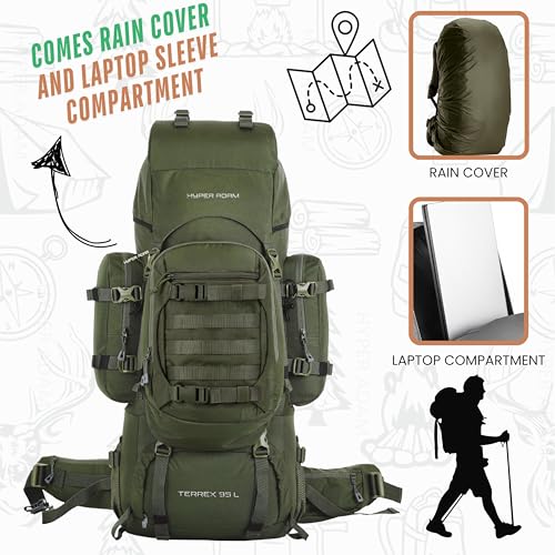 Image of Hyper Adam 95 Ltr Rucksack With Detachable Hiking Backpack & Rain Cover for Trekking & Travelling | Mountain Bags For Men & Women| Backpack Military Grade Made With 3 Year Warranty