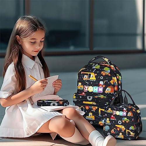 Custom Construction Backpack with Lunch Box, Personalized Set of 3 School Backpacks Matching Combo, Cute Lightweight Truck Excavator Bookbag and Pencil Case Bundle2