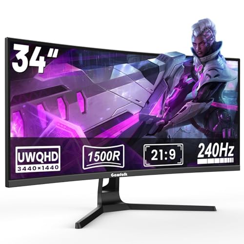 Gawfolk Gaming Curved Monitor 34 Zoll 240Hz, 1500R Ultrawide PC Bildschirm UWQHD 3440x1440P, Adaptive Sync, Gebogenes Computerbildschirm, Displayport, HDMI