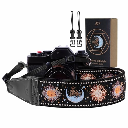 Padwa Lifestyle Night Sun God Camera Strap - 2 Full Grain Leather Ends Camera Straps for Photographers Vintage Embroidered Cotton Soft Suede Fabric Padded Strap Quick Release fits All Cameras