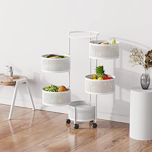 JAQ Rotating Storage Shelves for Kitchen, 5-tier Metal Multi Layer Removable Basket Rack Organizer on Rolling Wheels in Kitchen Household for Fruits Grocery Corns Potato (5-Tier , White )