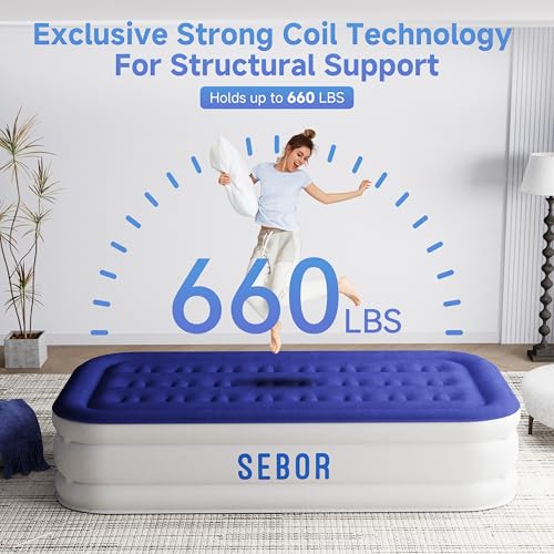 Sebor Air Mattress Twin with Built-in Pump 18", Comfortable Self-Inflating Air Mattress with High-Speed Pump, Durable Blow Up Mattress Twin with Storage Bag for Guests, Camping, Travel - Thumbnail 3