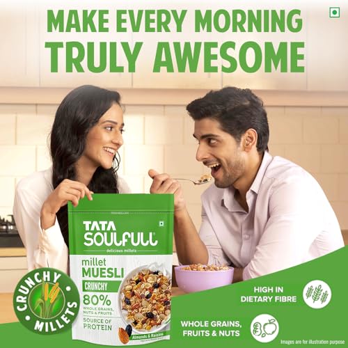 Image of Tata Soulfull Crunchy Millet Muesli, 500 g, Contains Wholegrains Nuts & Fruits, Source of Protien, High Fibre, Contains Ragi & Jowar (Pack of 3)