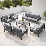 LANOX Gartenmöbel Set 9 Personen Gartenlounge Aluminium wetterfest 7 teilig mit Polywood Tisch 12cm Sitzkissen Terrassenmöbel Lounge Balkon belastbar 140kg Grau