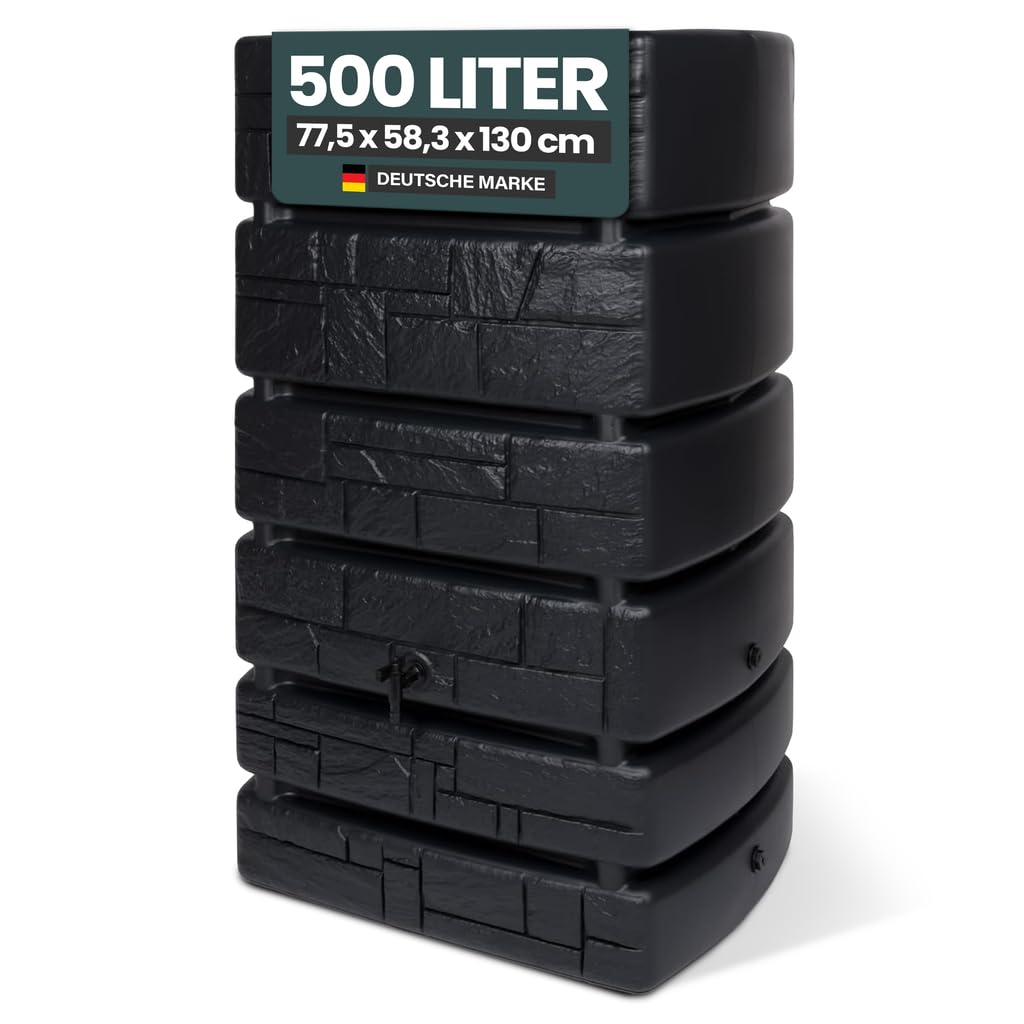 Kreher Tonneau à eau XXL Tower Stone avec robinet, aspect pierre anthracite/gris, volume de 500 l, dimensions (l x p x h) : 77,5 x 58,3 x 130 cm (anthracite)