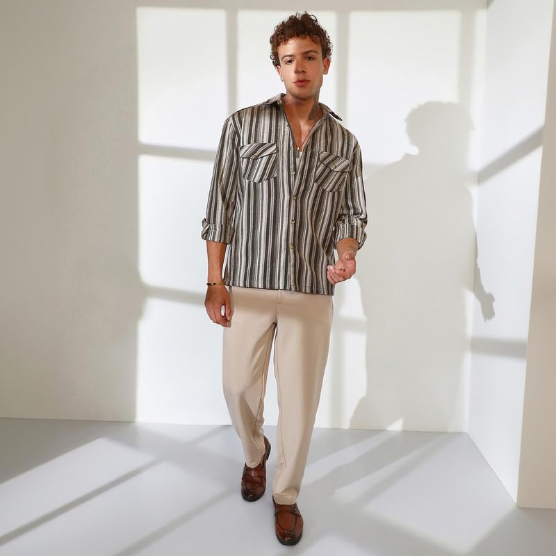 Image of CAHOOT Men's Multitrack Striped Oversized Shirt for Casual Wear | Spread Collar | Long Sleeve | Button Closure | Oversized Shirt Crafted with Comfort Fit for Everyday Wear