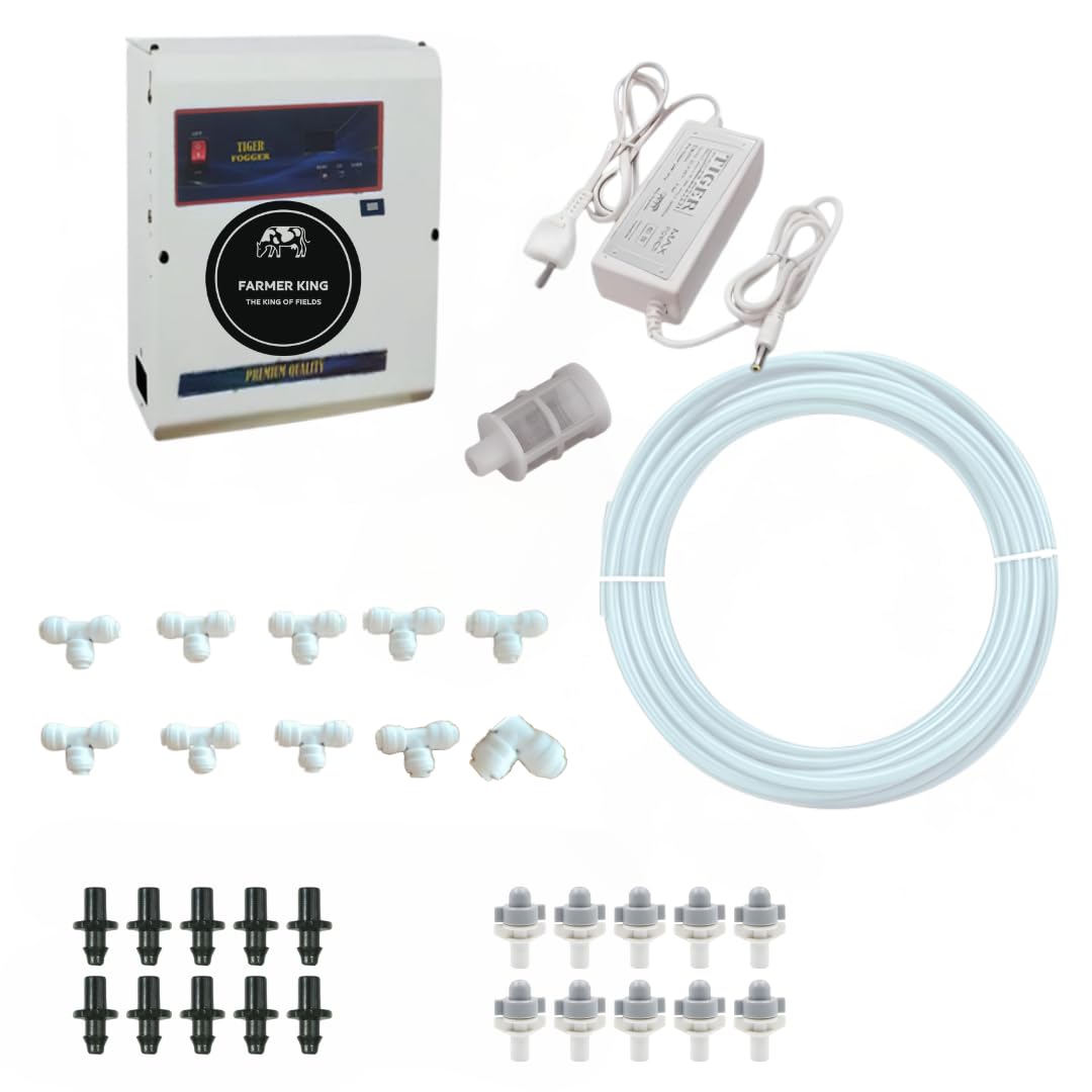 Farmer King Fogger Kit with Inbuilt Timer & Motor | 10 Plastic Mist Nozzles | 50 Ft Pipe | High-Pressure Sprayer for Greenhouse, Farming, Poultry, Garden, Cooling, Mosquito Control & Disinfection