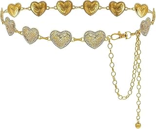 حزام سلسلة بتصميم قلوب عتيق معدن، بتصميم نمط زخرفي، طول قابل للتعديل مع سلسلة تمديد، بلون ذهبي