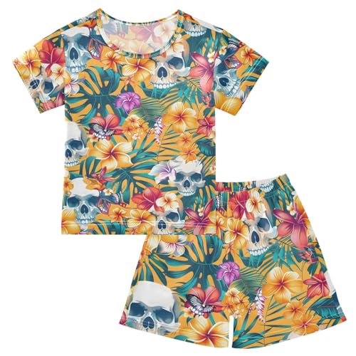 ALAZA Tropical Flower Sugar Skull Blossom Pajamas Short Sleeve 2 Piece Sleepwear Top and Bottom Pajama Set Unisex