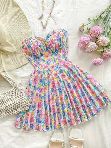 Floral Strapless Summer Dress, Smocked Bodice, Tiered Ruffle Skirt, Pink and Blue Watercolor Print2