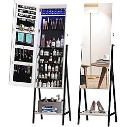 Cajones Armario Modernos LVSOMT Armario para joyas, espejo de cuerpo entero, armario con espejo, organizador de joyas con cerradura con cajón, armario para joyas de pie, almacenamiento de maquillaje…