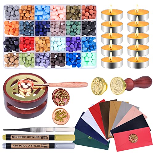 Wax Seal Stamp Kit with Gift Box, Aottom Wax Letter Seal Kit with 24 Colors 650 Pcs Wax Seal Beads Sealing Wax Warmer Wax Envelopes Wax Stamp and Metallic Pen Wax Seal Kit for Gift and Decoration