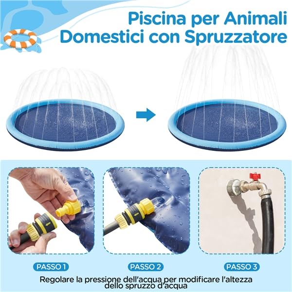 Yaheetech Piscina per Cani Gatti Pieghevole, Vasca da Bagno in PVC, Rigida, Portatile Antiscivolo, Piscinetta per Animali Domestici con Spruzzatore all'Aperto Giardino 170 x 8,5 cm Blu