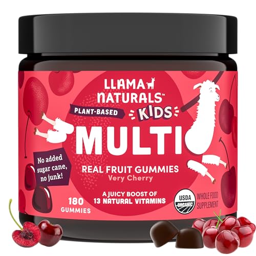 Image of Llama Naturals Kids Multivitamin Gummies | Real Fruit, No Added Sugar Cane | Organic Vegan Toddler Whole Food Vitamins | Vitamin D, C & Beta Carotene Gummy Supplement | Cherry 180 Ct (2-3 Months)