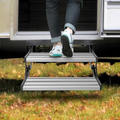 Foldable RV Step Stool - Easy Install Compact Entry Stair for RV, Van & Motorhome, Anti-Slip Design, 440lbs Capacity, Manual Folding Step for Safe Access (No LED Lights)
