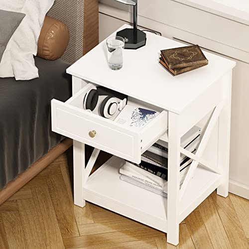 Treocho White Nightstand X-Design, Modern Bedside Table With Drawer Storage Shelf, End Side Table For Bedroom #TOP11