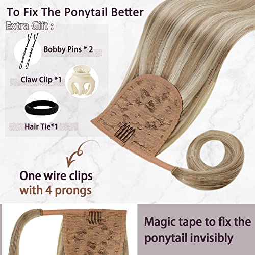 RUNATURE Blonde Real Hair Ponytail Extension Highlight Brown Ponytail Hair Extensions Real Human Hair Blonde Clip in Ponytail Hair Extensions Straight 16 Inch 80 Gram - Image 4