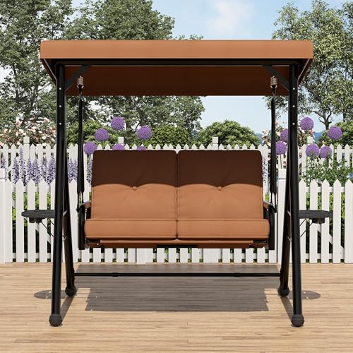 Hollywoodschaukel 2-Sitzer Mit Verstellbarem Sonnendach & Standgestell, Gartenschaukel Mit Abnehmbarem Kissen, Getränkehaltern & Klapptisch, Wasserabweisend Für Terrasse Garten, Bis 280kg, Braun