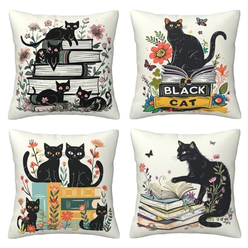 Black Cat and Books Pillows Cover Set of 4 Floral Butterfly Decor Throw Pillow Covers Cat Pillowcase Cushion Case Reading Pillow Decorative for Couch Sofa Home Office Outdoors 16x16 Inch