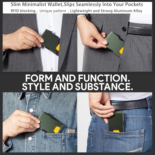 Image of Minimalist Mens Card Holder Wallet, RFID Blocking Slim Smart Pop Up Aluminum Wallet,Holds 12+ Cards,Expandable Compact Plate,Cash Strap /Money Clip (Olive Green)