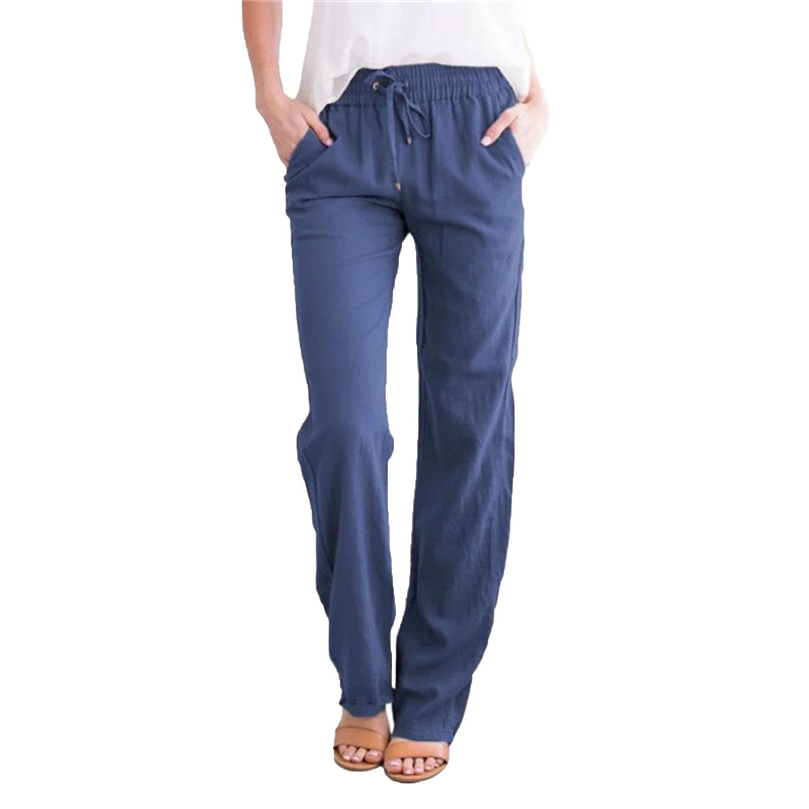 JEShifangjiusu Womens Wide Leg Beach Pants Summer Cotton Drawstring Trousers Relax Fit Sweatpants with Pockets