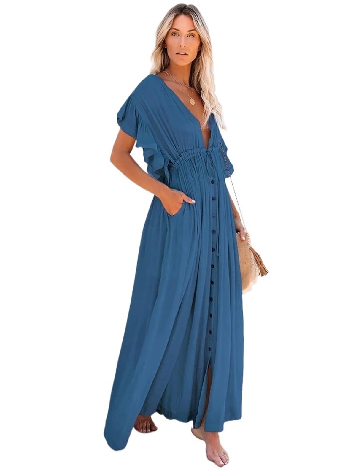 Vestido de playa sexy con escote en V azul profundo para mujer elegante